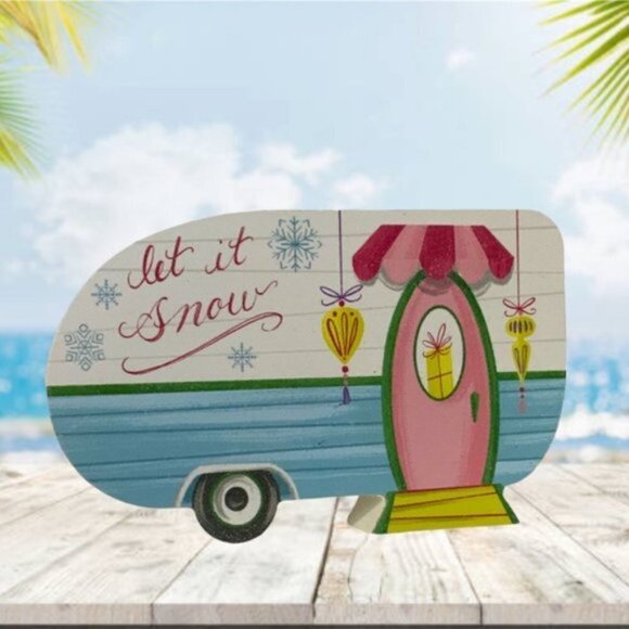Christmas Camper Table Decor Wood Block Decoration Let it Snow Tropical - Picture 8 of 15